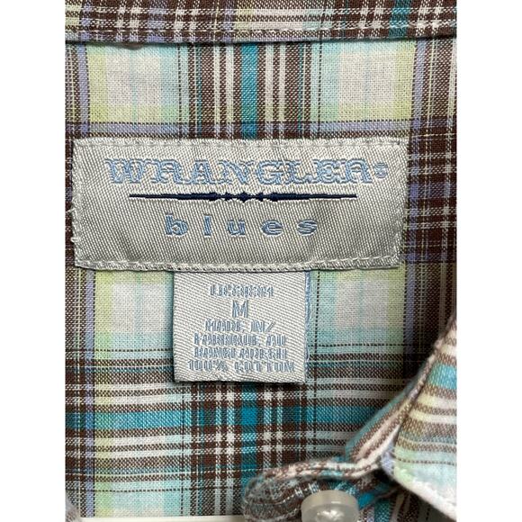Wrangler Blues pearl snap mens short sleeve button shirt Medium blue plaid - Picture 2 of 5